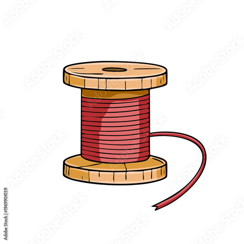 Wooden spool of red thread for sewing and crafting projects isolated on white background