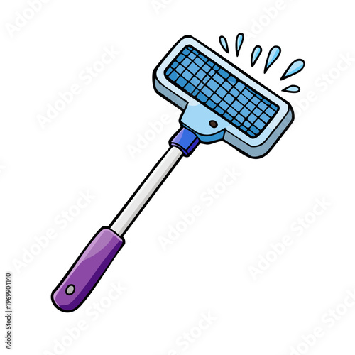 Cartoon electric fly swatter with blue grid and purple handle spraying water droplets