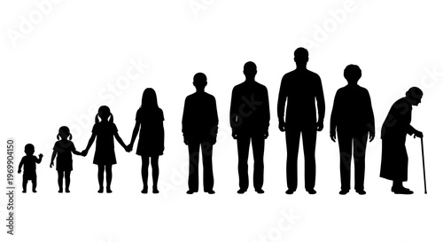Silhouettes of Life: A Generational Journey Through Stages of Human Growth, From Childhood to Old Age in Minimalist Black and White Illustration for Family and Aging Concepts