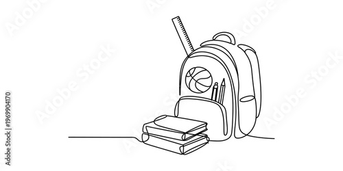 A single continuous line drawing illustration of a school backpack filled with student supplies. Vector, illustration