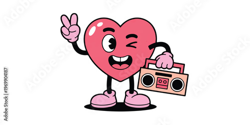 A cartoon illustration of a pink heart character with a happy expression, winking eye, and a wide smile 