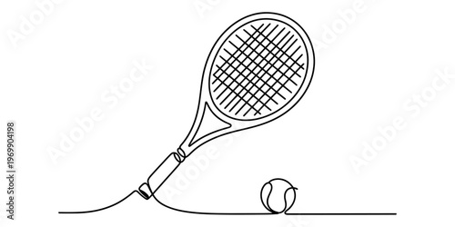 A single continuous line drawing of a tennis racket and a tennis ball on a clean white background Vector, illustration