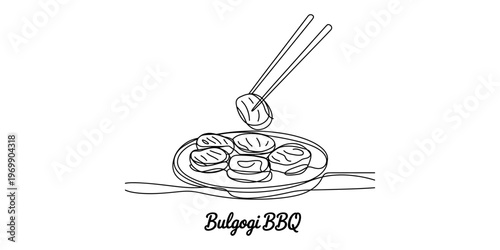 A single continuous line drawing of korean bulgogi beef slices on a plate held by chopsticks. Vector, illustration