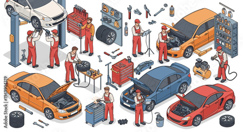 Isometric Auto Repair Shop Scene: Mechanics Working on Cars, Maintaining, Diagnosing Issues and Servicing Vehicles in a Garage Illustration for Automotive Industry Needs
