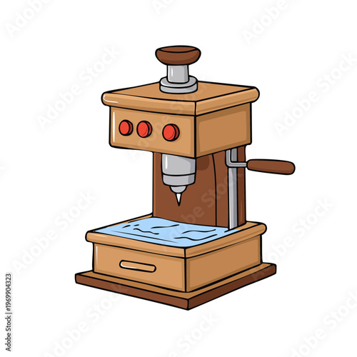 Retro manual drill press with wooden housing and metal components for woodworking or metalworking projects
