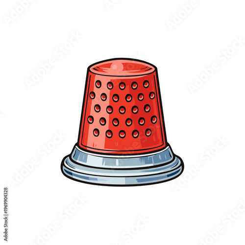 Red sewing thimble with silver base isolated on white background for craft and tailoring