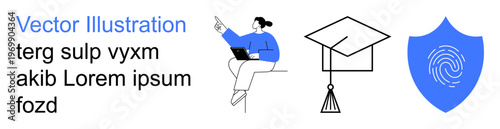 Education, technology, security, learning, online tools, identity. Person with laptop pointing, graduation cap shield with fingerprint. Education and technology