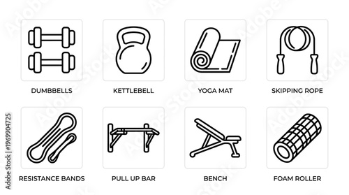 Home workout icons: dumbbells, kettlebell, mat, rope, bands, pull-up bar, bench, roller.