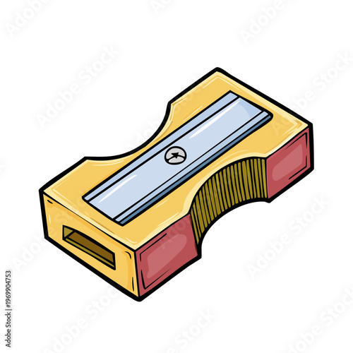 Isolated hand-drawn illustration of a classic yellow and red pencil sharpener with a metal blade