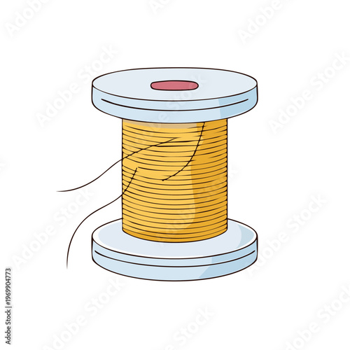 Illustration of a spool of yellow thread with loose ends for sewing and crafting