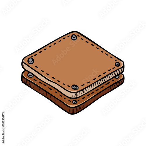 Hand-drawn illustration of two stacked brown leather square coasters with stitching and rivets