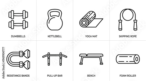 Home workout icons: dumbbells, kettlebell, mat, rope, bands, pull-up bar, bench, roller.