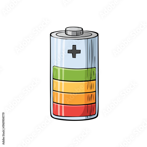 Cartoon battery with colorful charge levels and plus symbol