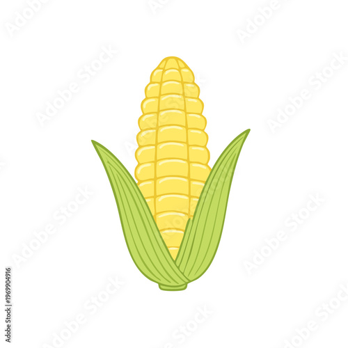 Illustration of a ripe yellow corn cob with green leaves in a stylized depiction