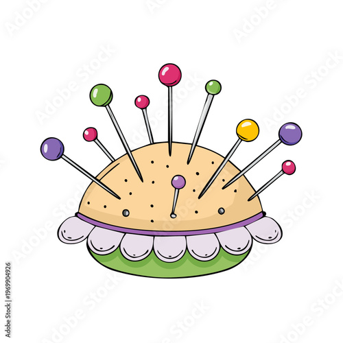 Round pincushion with colorful pins and decorative ruffle trim