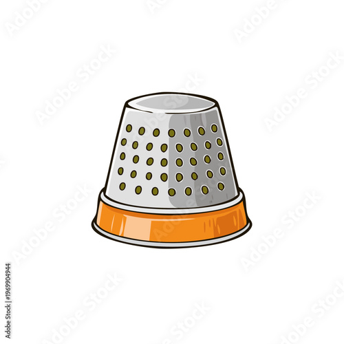 Metal sewing thimble with orange base and dotted surface for finger protection