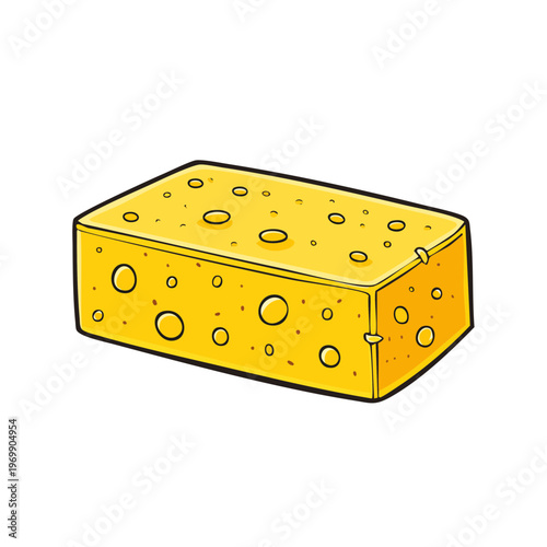 A bright yellow cartoon block of Swiss cheese with many holes