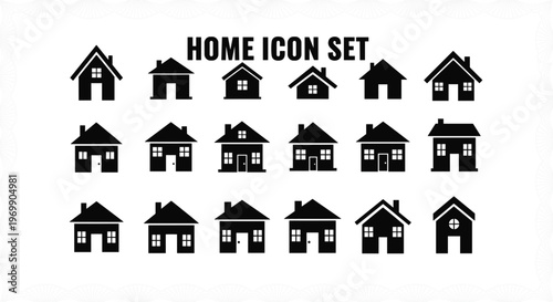 Home icon set vector illustration, black silhouette house designs, residential architecture symbols, housing graphic pack, real estate building design collection