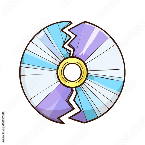 Cracked and Broken Compact Disc with Colorful Iridescent Surface and Golden Center