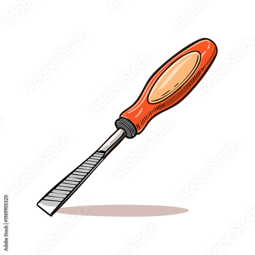 Orange handled chisel tool illustration with sharp metallic blade and textured grip