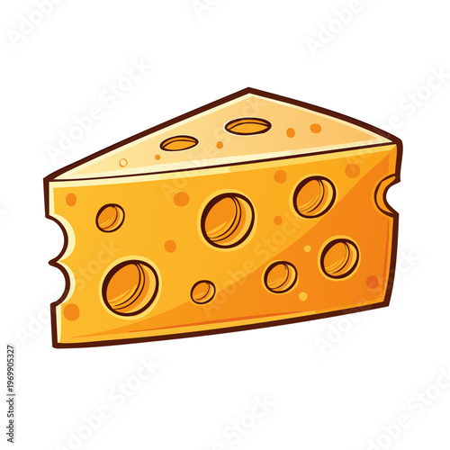 Yellow cheese wedge with many round holes illustrated in simple style