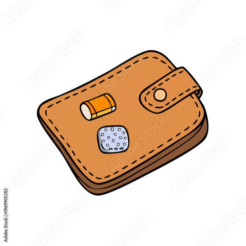 Closed brown leather wallet with decorative patches and snap closure cartoon illustration