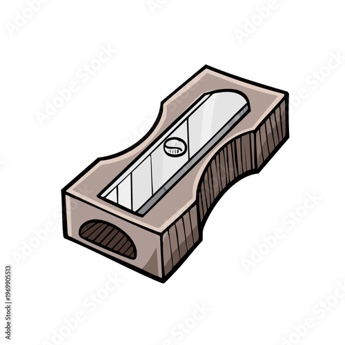 Hand drawn illustration of a vintage pencil sharpener with a metallic blade