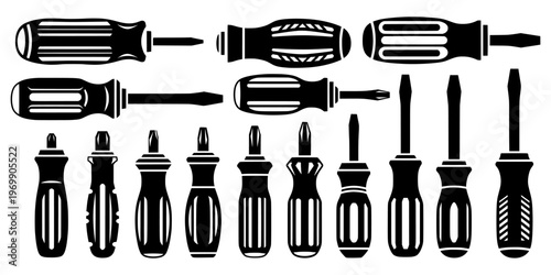 A collection of screwdrivers on a white background