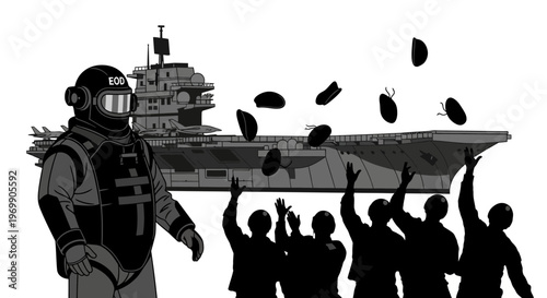 Astronaut stands guard as people celebrate by throwing objects near aircraft carrier