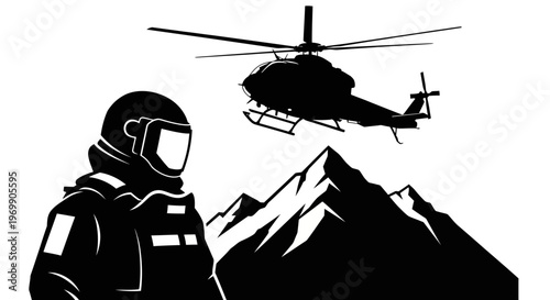 Astronaut Soldier with Helicopter and Mountains - Space Exploration and Military Mission