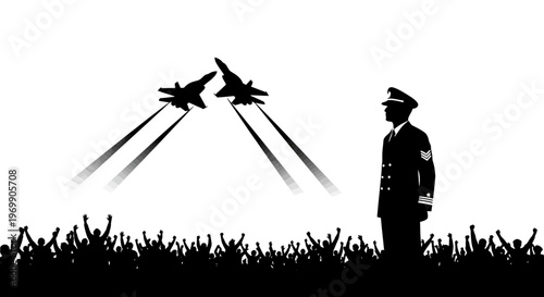 Military Air Show: Fighter Jets Fly Over Crowd with Officer Silhouette
