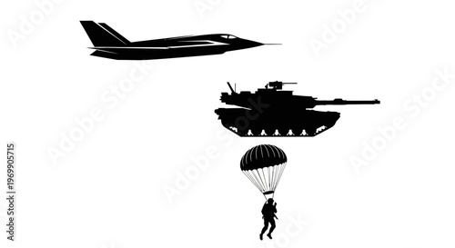 Military Aircraft, Tank, and Paratrooper Silhouette - Modern Warfare and Airborne Operations