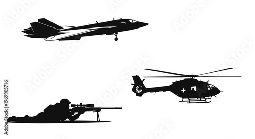 Military Aircraft and Sniper Silhouette: Jet, Helicopter, Soldier with Rifle