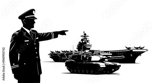 Military Commander Directing Naval and Ground Forces: Aircraft Carrier and Tank