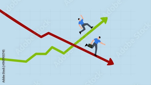 Profit and loss, 4k animation of entrepreneur sprinting on ascending growth chart and descending recession graph