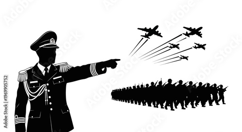 Military Commander Directs Air Force and Troops in Formation