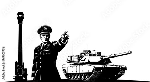 Military Commander Directing Tank and Artillery Gun in Black and White