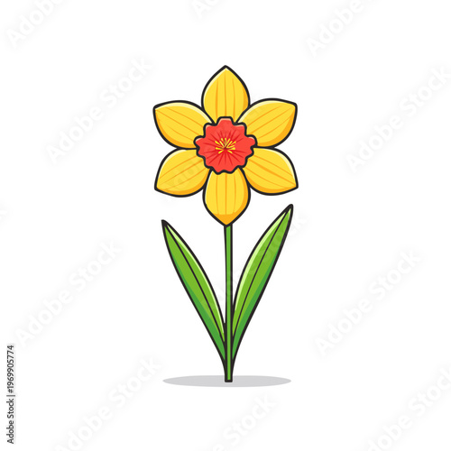 Vibrant Yellow Daffodil Flower with Red Center and Green Leaves