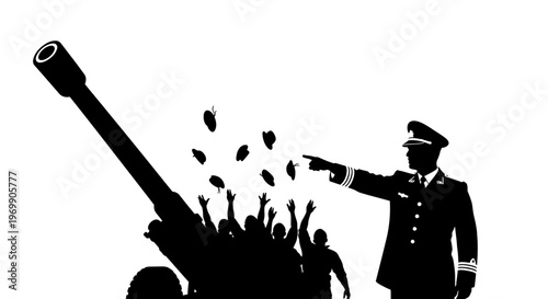 Military commander fires cannon, crowd cheers, abstract concept of power and celebration