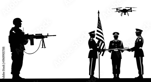 Military Drone Surveillance Over Honor Guard Ceremony with American Flag