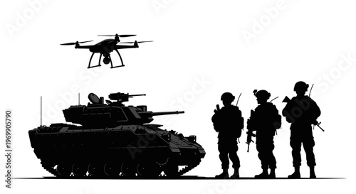 Military Drone and Soldiers with Tank Silhouette, Modern Warfare Technology Concept