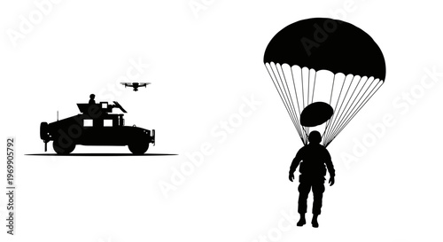 Military Drone and Paratrooper Silhouette: Modern Warfare and Airborne Operations