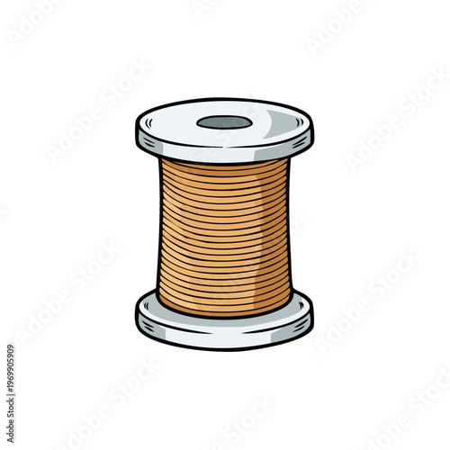 Hand-drawn illustration of a spool of thread with warm brown thread coiled around a gray spindle