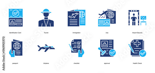immigration and passport Icon Set Collection Pack Banner Web Vector Illustration  Concept. Containing Identification Card, Tourist, Immigration, visa, Airport Security, passport icon