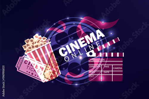 Colorful poster cinema with popcorn, a ticket and clapperboard