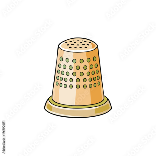 Golden thimble with green dots for sewing protection and crafting tool