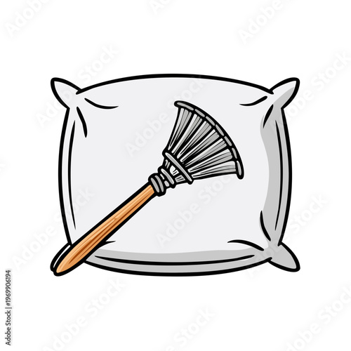 Whimsical illustration of a feather duster on a plush pillow, cartoon style