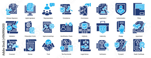 legal proceedings Icon Set Collection Pack Banner Web Vector Illustration  Concept. Containing Witness Signature, digital signature, Representation, Compliance, Commission icon
