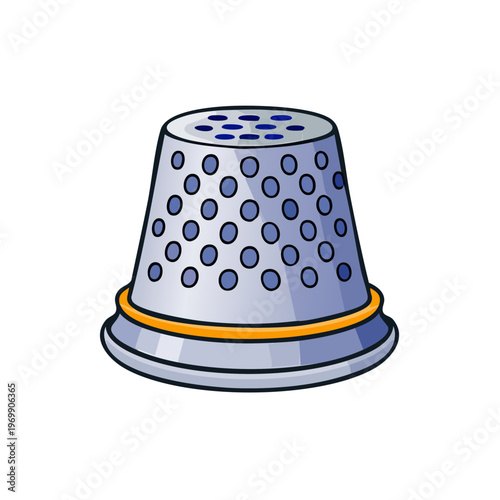 Cartoon illustration of a silver sewing thimble with blue dots and a yellow band for protecting fingers