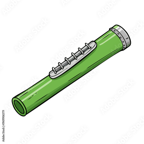 Illustration of a green recorder musical instrument with silver keys and mouthpiece